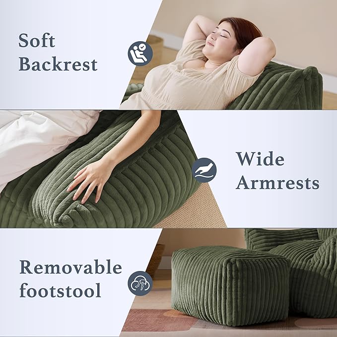 Oversized Bean Bag Chaise Lounge Chair Indoor for Adults with Armrests & Ottoman - Giant Comfy Green Beanbag Lazy Floor Sofa Cloud Accent Chair for Reading, Gaming, Cozy Plush Cloud Mini Couch