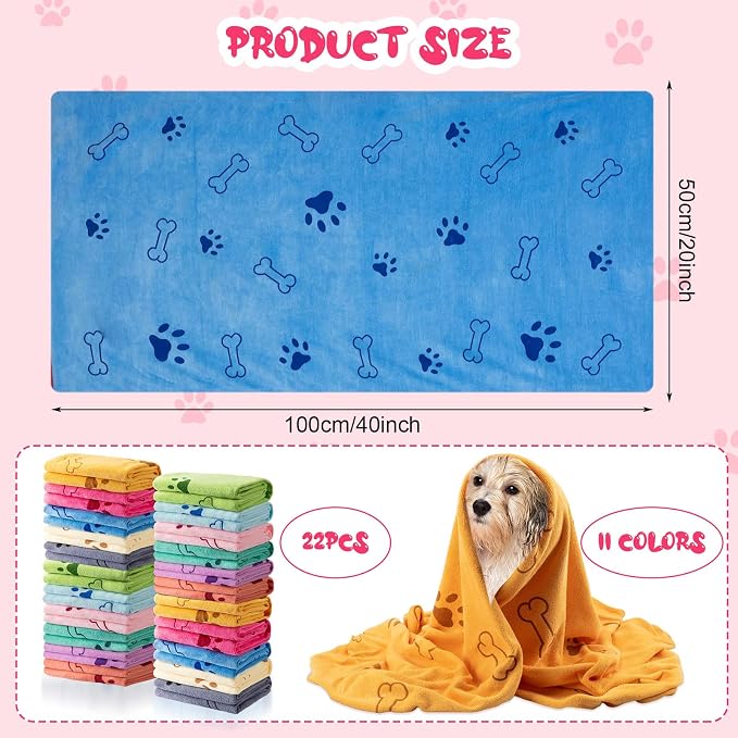 Tatuo 22 Pcs Dog Towels for Drying 20 x 40 Inch Pet Bath Towels Absorbent Microfiber Towel Quick Drying Puppy Bathing Supplies for Small Medium Large Dog Puppy Cat(Colorful,Bone Pattern)