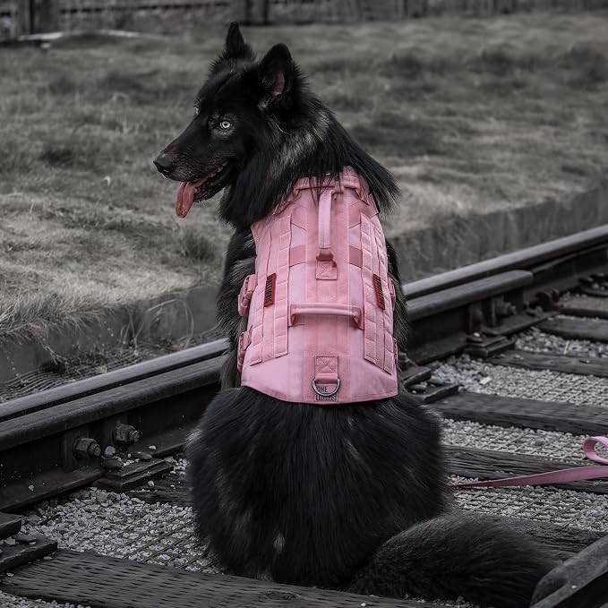 OneTigris Large Tactical Dog Harness, No Pulling Adjustable Dog Vest Harness, Heavy Duty Dog Harness with Handle, Large Hook and Loop Panels for Patch(Pink,M)