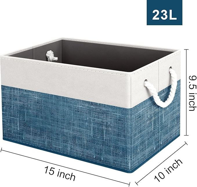 Fab totes Storage Bins [6-Pack], Foldable Storage Baskets for Organizing Toys, Books, Shelves, Closet, Large Storage Box with Rope Handles, Sturdy Organizer Bins, White & Blue