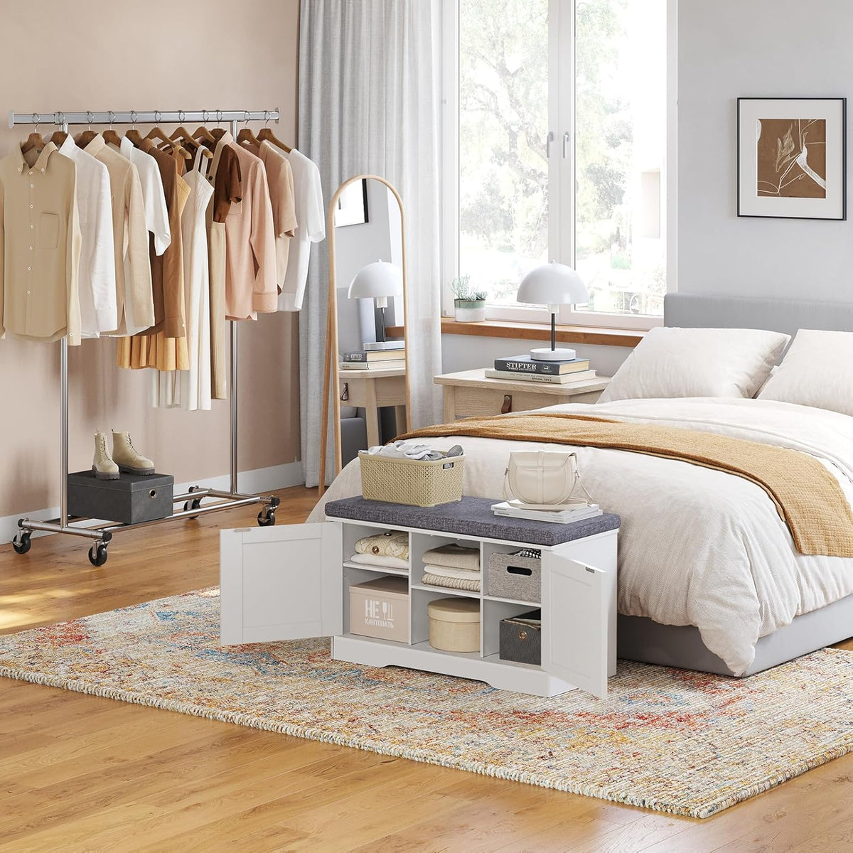 DINZI LVJ Shoe Bench, Entryway Storage Bench with Doors, Cushion, 2-Tier Shoe Rack with 6-Cubby, 31.5”L x 13.8”W Shoe Organizer Cabinet, Adjustable Shelf, Living Room, Bedroom, White
