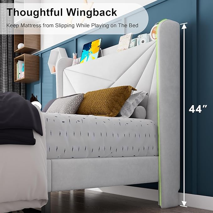 Feonase Twin Size Bed Frame with Charging Station, Upholstered Linen Bedframe with Wingback Headboard, Solid Wood Slats Support, No Box Spring Needed, Noise Free, White