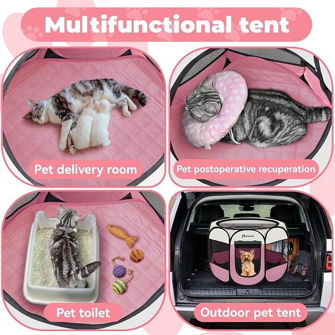 Persure Dog Cat Pet Playpen Puppy Crate Cage for Indoor Outdoor Travel | Nursing Rest Zone Recovering Pet Quarantine Room Portable Pop Up Easy to Set up lightweight Carrying Bag(Pink with Pad,Small)
