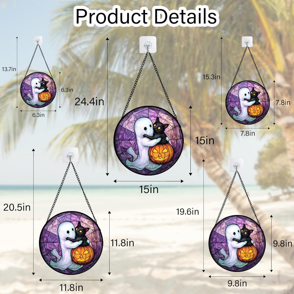 Stained Glass Window Hanging - Halloween Decorations Ghost Black Cat Pumpkin Suncatcher for Door Garden Spooky Purple Sun Catchers Gothic Decor Horror Gifts for Women Men Friend Boy 11.8 in