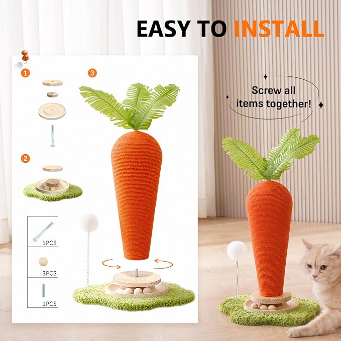 Cute Cat Scratching Post, Carrot Cat Scratcher Post with Durable Natural Wooden Turntable Toy and Catnip, 24'‘ H Carrot Shape Design Sisal Cat Tree Sisal Scratcher for Indoor Cats (Cloud Base)