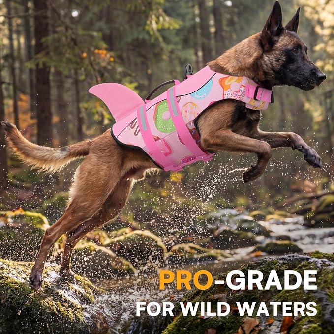 Dog Life Jacket, Dog Life Vest for Swimming, Doggie Shark Swimming Vest with Rescue Handle, Adjustable Reflective Pet Lifesaver Preserver for Small Dogs, Pink Donut XS