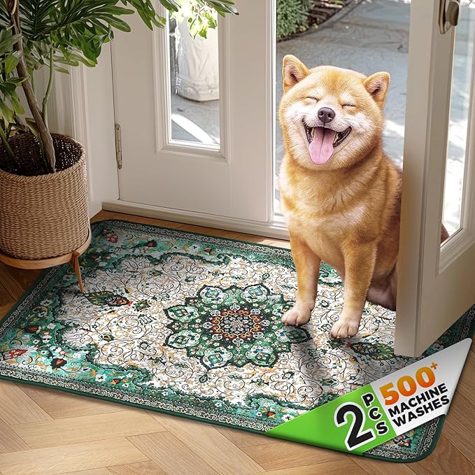 Hompet 2 Pack Super Absorbent Dog Door Mat for Muddy Paws, Washable Pee Pads for Dogs, Reusable Puppy Training Pads, Quick Dry Non-Slip Pet Entryway Rug, Leak-Proof Potty Pad for Indoor Floors 18x28