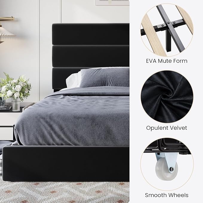 SHA CERLIN King Size Platform Bed Frame with 4 Storage Drawers, Velvet Upholstered Headboard, Mattress Foundation with Wooden Slats Support, No Box Spring Needed, Easy Assembly, Black