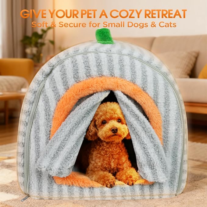 Dog House Indoor for Small Dogs, Grey, Medium | 2-in-1 Enclosed Dog Bed with Cover Cave & Curtain, Dog Tent with Plush Washable Cushion, Inside Dog House for Pets