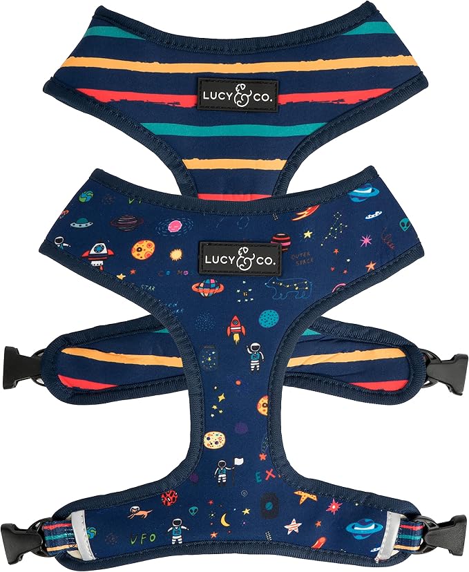 Lucy & Co. Reversible Dog Harness - Water-Repellent Neoprene, Dual-Print Design, Easy Swap Style, Adjustable Comfort Fit - Space Doodle Reversible Harness - X-Large