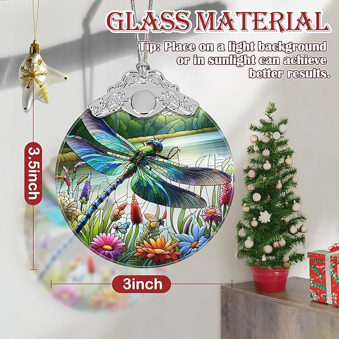 Dragonfly Stained Glass Christmas Ornament - Holiday Tree Decoration, Home Decor, Gift Idea With Wildflower Design