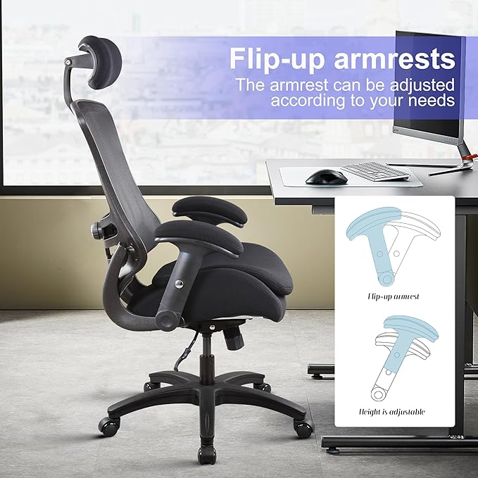 BOLISS Ergonomic Office Desk Chair with Headrest, Flip-up & Height Adjustable Arms, Wide Two-Layer Molded Foam Cushion, Adjustable Lumbar Cushion (Black)