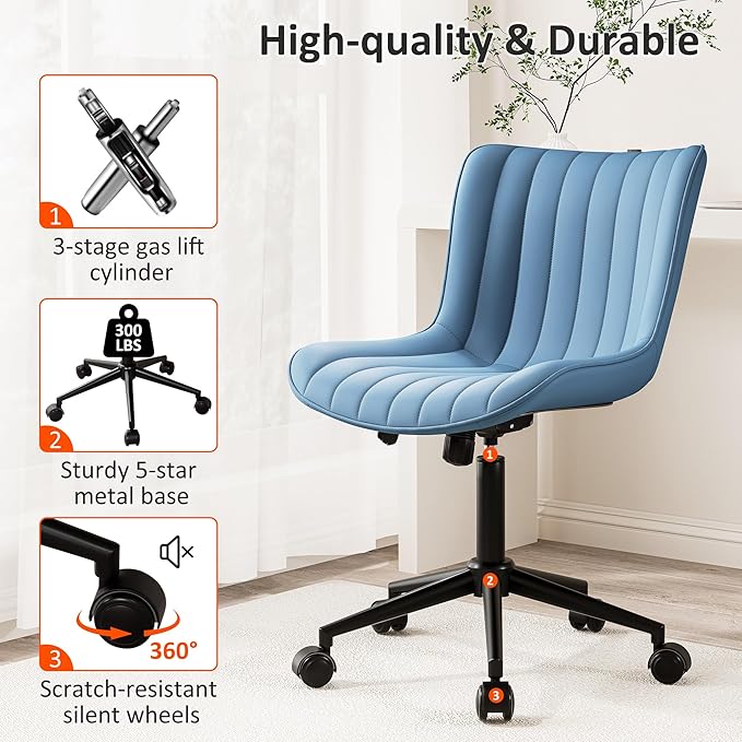 Kidol & Shellder Blue Leather Home Office Desk Chair with Wheels Modern Cute Armless Executive Swivel Vanity Chair with Comfy Padded Back Ergonomic Rolling Adjustable Computer Task Chair Small