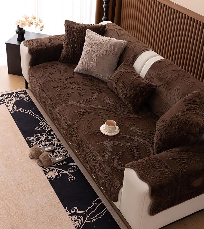 Fuzzy Rabbit Plush Sofa Cover Cozy Warm Sofa Couch Covers with 3D Jacquard Leaf Pattern Non-Slip Easy-to-Install Shaggy Sofa Slipcover Prefect for Kids Dogs Cats Cats(Caramel,36"x28")