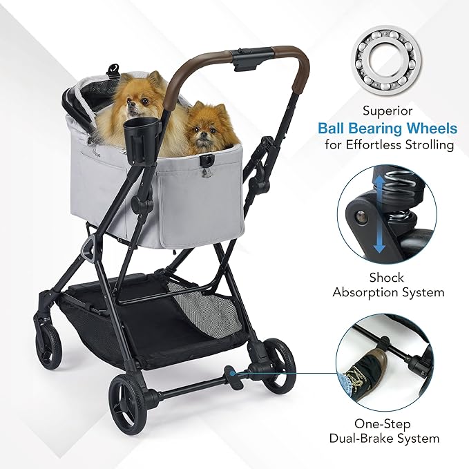 ibiyaya Tinker Pet Stroller for Small Dogs and Cats – 3-in-1 Pet Carrier, Dual-Opening Canopy, No-Flat Wheels, Vegan Leather Handle, Large Storage Basket (Silver Gray)