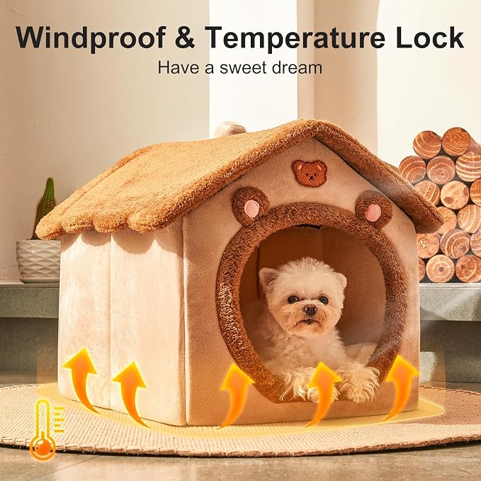 Cute Small Dog House Indoor,Foldable House Kennel Bed with Cushion,Brown | L Size Tent for 11-16 lb Dogs and 18-22 lb Cats, Dog Cave Bed with Non-Slip Bottom, Soft Cozy Dog Cave Bed