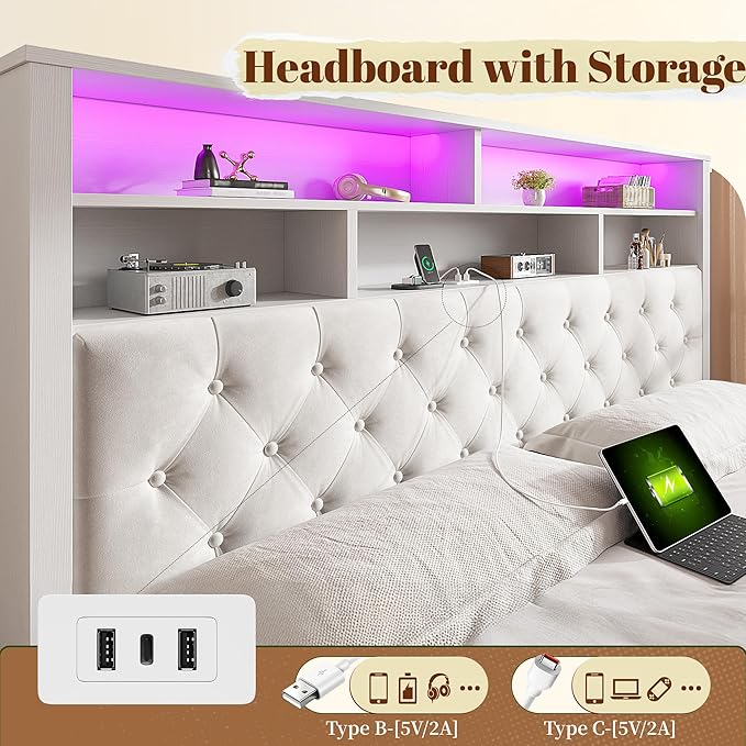 EnHomee King Size Bed Frame with 4 Drawers and Upholstered Storage Headboard,Wooden King Bed Frame with Charging Station and LED Lights,NO Noise,No Box Spring Needed,Beige
