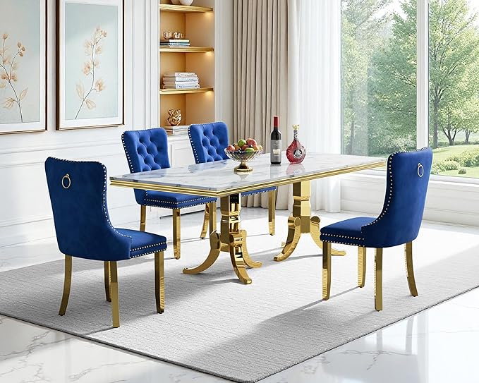 Goujxcy Faux Marble Dining Table Set for 4, Modern 5-Piece Dining Table Set with 4 Velvet Upholstered Chairs, 70" Large Long Faux Marble Kitchen Dining Room Table and Chairs with Stainless Steel Legs
