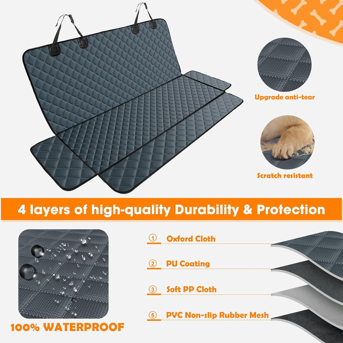 MIXJOY Dog Car Cover for Back Seat Cover Protector Waterproof Dog Seat Covers for Cars, Car Seat Protector for Dogs with 1 Dog Seat Belt, Nonslip Back Seat Cover for Kids, Trucks & SUV, Grey