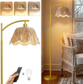 Oneach Boho Floor Lamp with 3 Color Temperatures, Farmhouse Floor Lamps for Living Room with Remote & Dimmable Bulb, Rattan Floor Lamp for Bedroom, Gold