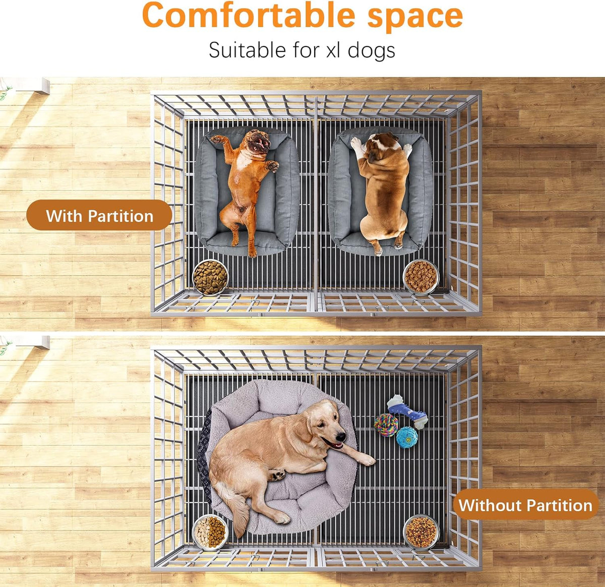 aboxoo 42/48 inch Heavy Duty Metal Dog Crate for 2 Dogs/Large Dog,All Metal Open Top,Dog Kennel Indoor with Wheels,Floor Grid, Tray, Divider and Feeding Bowl (Sliver)