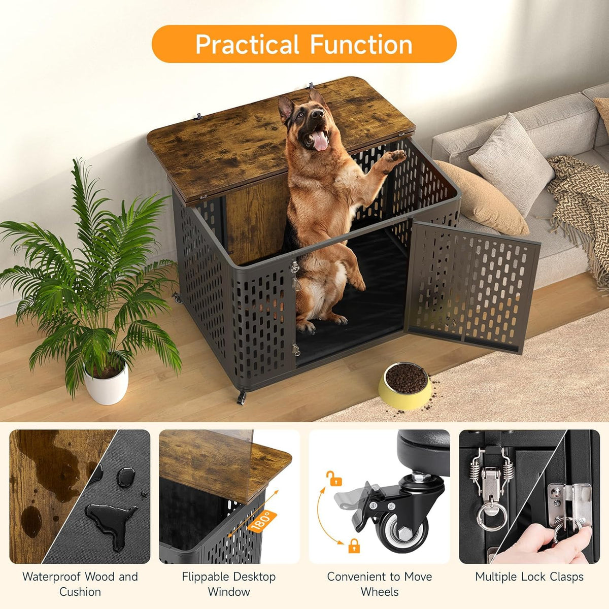 Heavy Duty Dog Crate Furniture for Large and Medium Dogs, 43.7 Inch Large Dog Crate Kennel with Flip Top & Cushion & Wheels, Escape Proof Pet Cage for High Anxiety Dogs