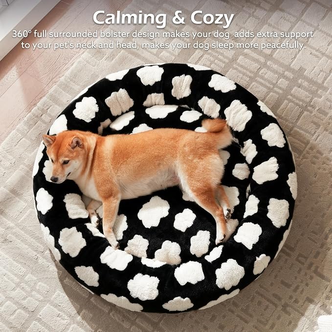 JOEJOY Jacquard Donut Round Dog Beds Medium Sized Dog,Black 30x30x8in, Removable Washable Cover, Cute Pattern, Ultra Soft Fluffy Calming Pet Bed with Thick Supportive Bolster
