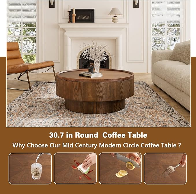 30.7 inch Storage Coffee Table Round Coffee Table with Storage Modern Luxury Circle Drum Coffee Tables for Living Room Apartment Easy Assembly