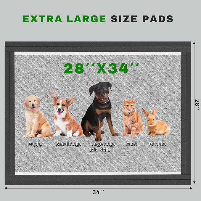 Charcoal Puppy Pads 28x34 Inches Extra Large Dog Pee Pads Odor-Control & Leak-Proof Disposable Pet Training Black New Edge-Wrapping Thicken Potty Pad for Dogs, Cats, Rabbits (30 Pieces)