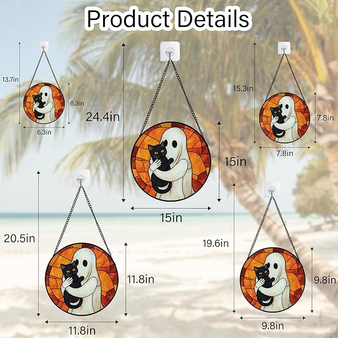 Stained Glass Window Hanging - Halloween Decorations White Ghost Black Cat Suncatcher for Doors Garden Spooky Funny Orange Sun Catchers Gothic Decor Horror Gifts for Women Men Friend 9.8 in