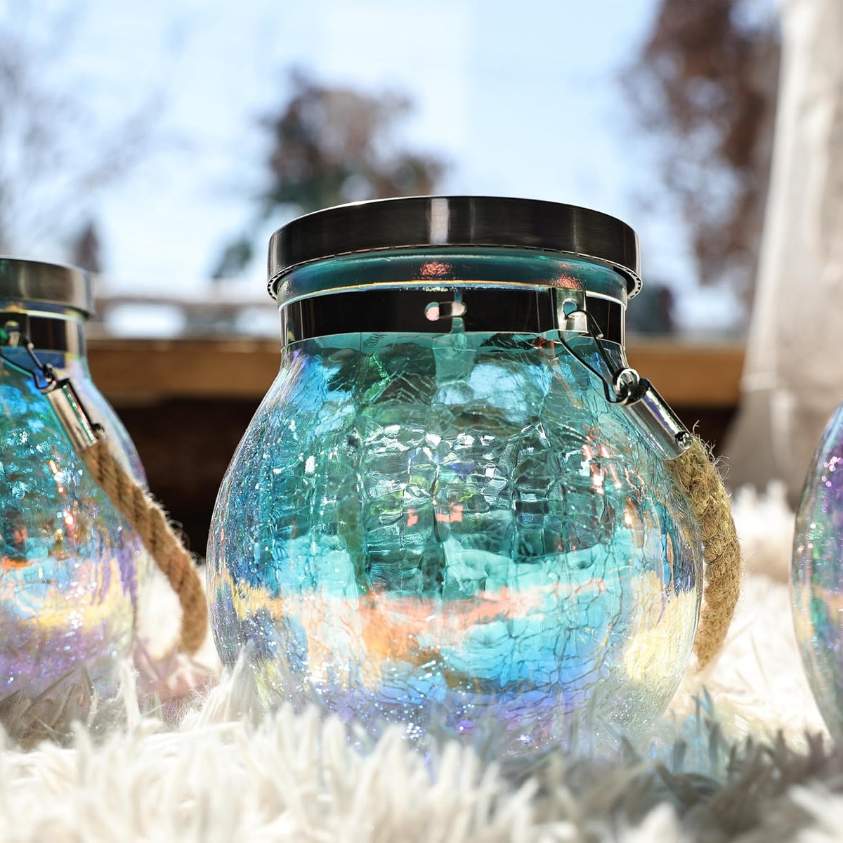 Cooo 6 Pack Solar Lantern Outdoor Waterproof Iridescent Crackle Glass with 215% Larger Solar Panel, Stainless Steel Lid – Rainbow Glass Hanging Light with Cool White LED for Garden Patio Table