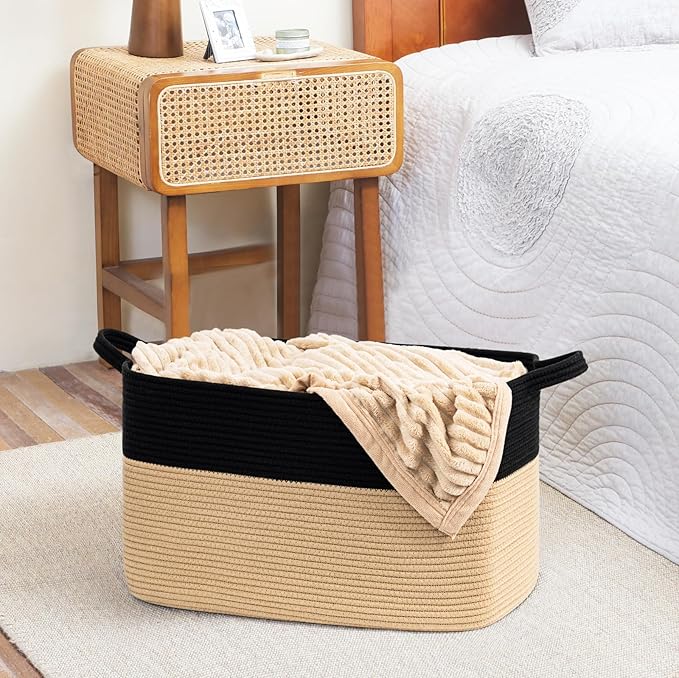 Goodpick Large Woven Storage Basket, 21.6" x 14.9" x 11.8" Rectangle Cotton Rope Laundry Basket with Handles, Baby Toy Blanket Storage for Living Room, Bedroom