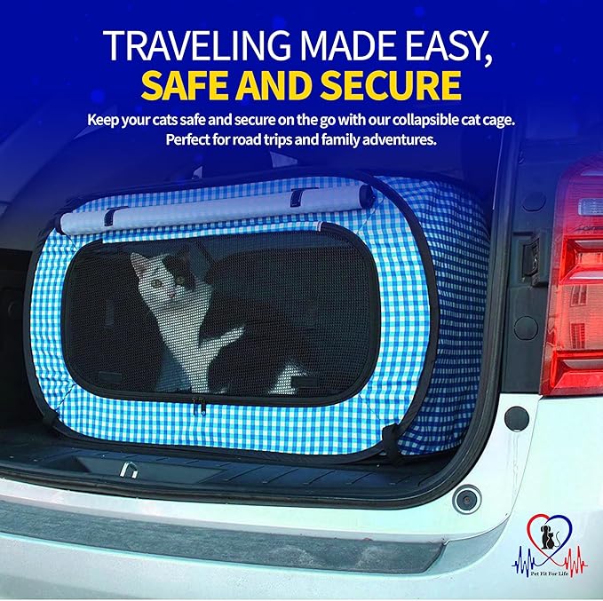 Pet Fit For Life Extra Large Cat Carrier for Travel - Foldable & Portable Collapsible Kennel with Litter Box, Feather Toy & Water/Food Bowl - Ideal for Cars, Long Trips & Indoor Cats - Teal Checkers