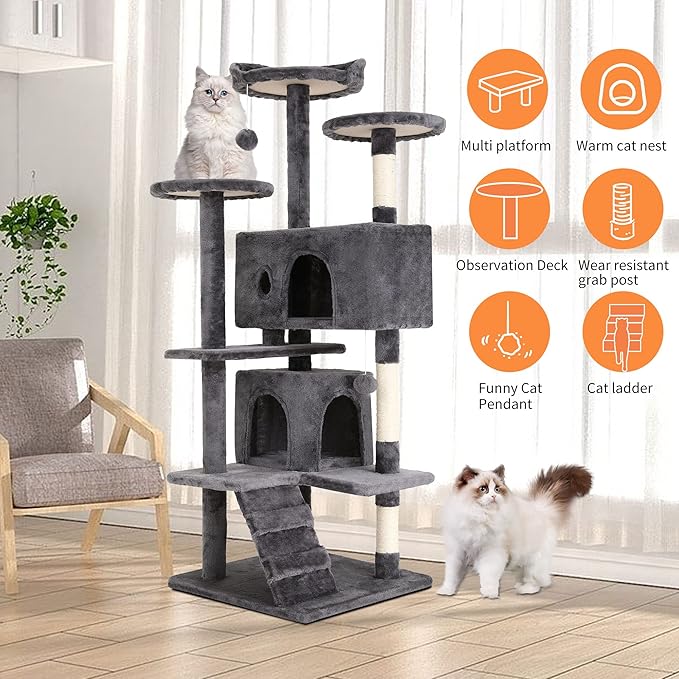 BestPet | 54" Cat Tree Tower | Light Gray | Sturdy, Easy to Assemble, Multi-Level Activity Center with Sisal Scratching Posts, Condos, Perches, Hanging Cat Toys, Observation Decks & Ladder