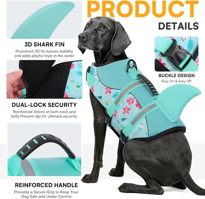 Dog Life Jacket, Dog Life Vest for Swimming, High Buoyancy Shark Swimming Safety Vest for Extra Large Dogs, Reflective Pet Lifesaver Preserver with Rescue Handle, Blue Flower 2XL