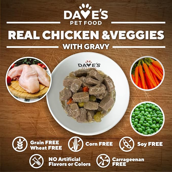 Dave's Pet Food Stewlicious Grain Free Wet Dog Food (Chicken & Vegetable in Gravy), Made in USA Naturally Healthy Canned, Gluten Free Topper, 13.2 oz (12 Pack)