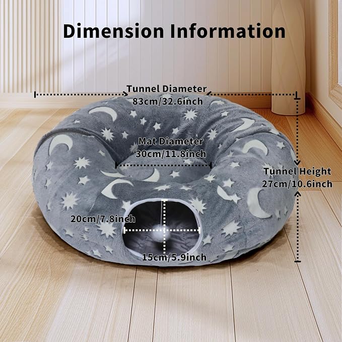 Cat Tunnel Bed for Indoor Cats with Washable Cushion Cat Cave Donut Tunnel with Fluffy Ball Big Round Tube Pet Playground Toys Soft Plush Peekaboo for Kitten, Cat, Puppy, Rabbit, Ferret（Moon Star）