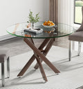 36" Round Dining Table for 4, Modern Clear Glass Kitchen Table for 4 with Walnut X Metal Legs, Contemporary Small Circle Dining Room Leisure Tables for Kitchen Apartment