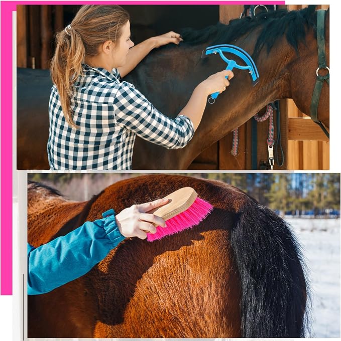 Abbylike 12 Pieces Horse Grooming Kit Racing Festival Tack Room Supplies Horse Brush Sets Equine Care Cleaning Kit Shedding Grooming Massaging Tools(Rose Red)