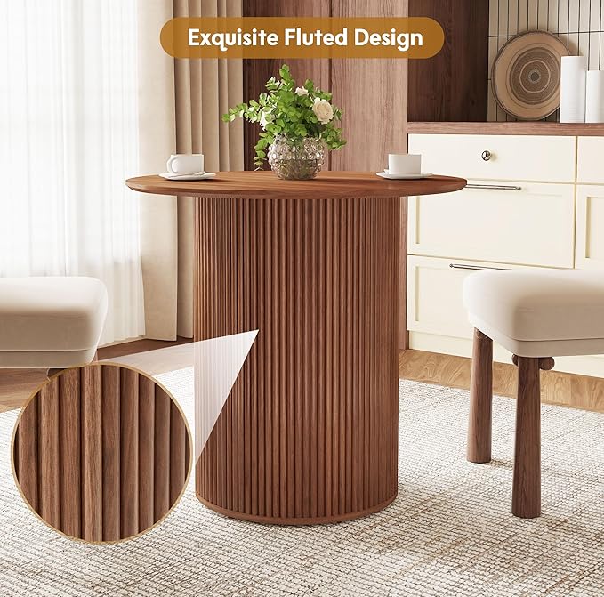 AVZEAR 31.5" Round Dining Table for 2 People, Small Kitchen Dinner Table with Fluted Wood Base, Farmhouse Circle Dining Tables for Home, Kitchen, Dining Room, Living Room (Walnut)