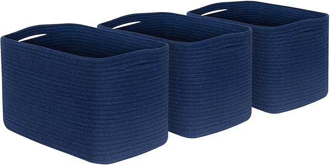 MINTWOOD Design 3-Pack Decorative Woven Storage Baskets for Shelves, Cube Bin Box for Organizing Books, Shoes, Dog Toys, Pantry Closet and Living Room Organizer, Navy Blue