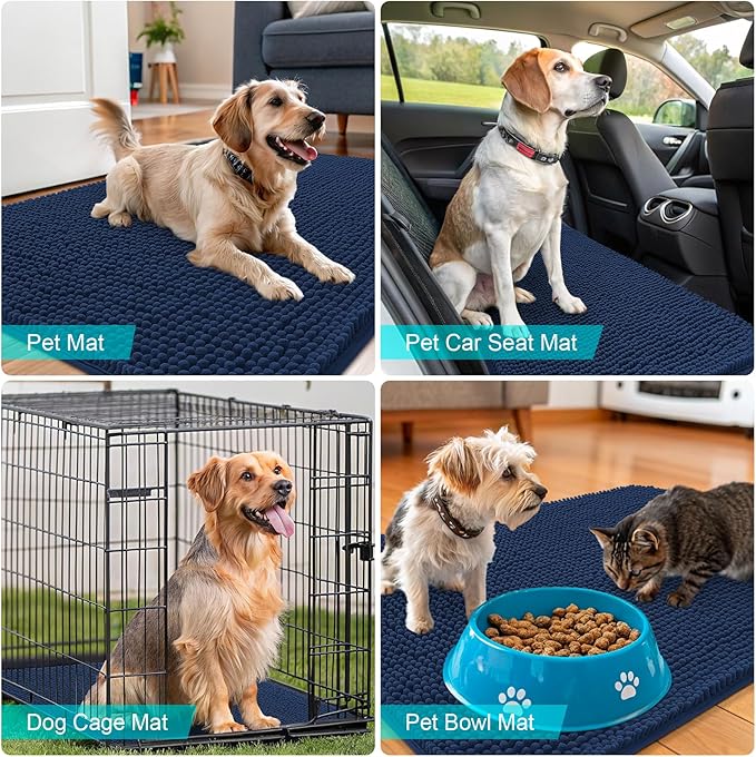 OLANLY Dog Door Mat for Muddy Paws 47x17, Absorbs Moisture and Dirt, Absorbent Non-Slip Washable Doormat, Quick Dry Chenille Mud Mat for Dogs, Entry Indoor Entryway Carpet for Inside Floor, Dark Blue