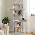 MUTTROS 71.2" Tall Cat Tree for Indoor Cats - 9-Level Multi-Cat Tower w/5 Sisal Scratching Posts, 2 Condos, 3 Hammocks, Perch & Pom Poms - Heavy-Duty for Adult Cats, Space-Saving Plush Gray