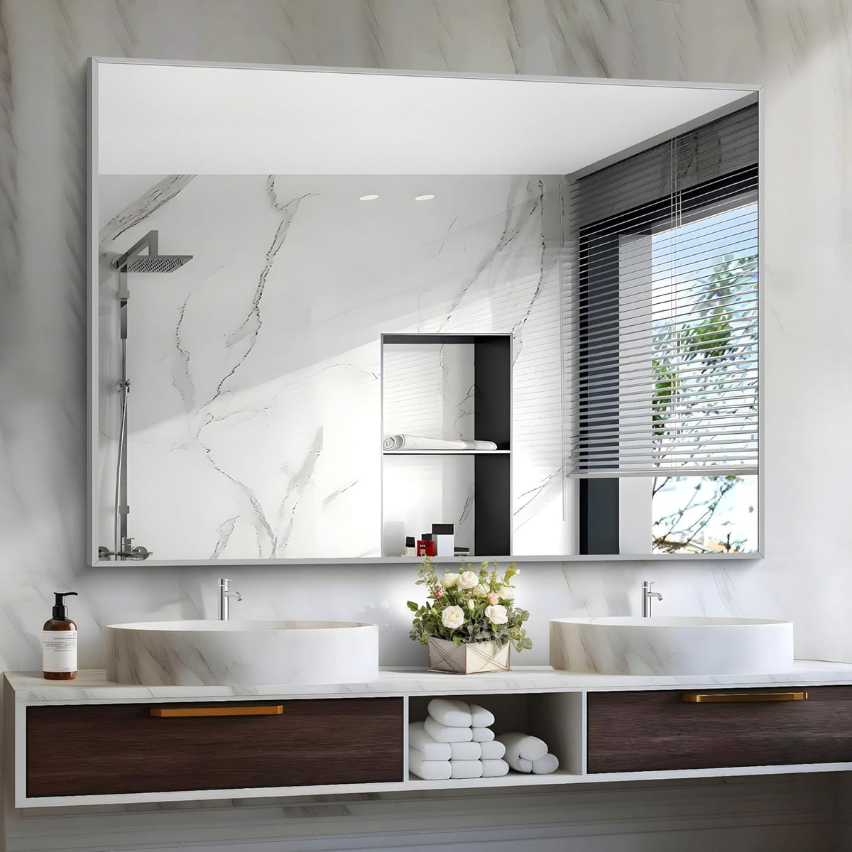 Silver Bathroom Mirror, 48"X36" Rectangle Mirrors for Wall Metal Frame, Bathroom Rectangular Mirror Modern Wall Mirror for Bedroom Living Room, Hangs Horizontal or Vertical