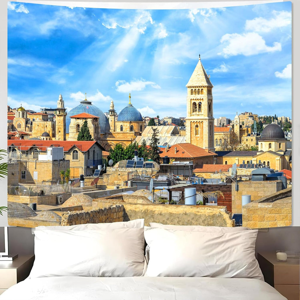 AMM Western Wall Tapestry Jerusalem Old City Church Tapestry for Bedroom Aesthetic Mediterranean Landscape Tapestries Wall Hanging for Living Room Dorm Office 80 x 60 Inch