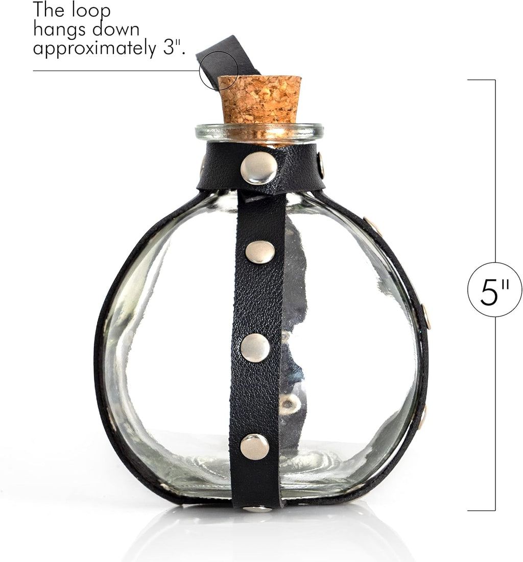 Skeleteen Dark Magic Potion Bottle - Black Wizard Potions Glass Holder with Cork Stopper and Faux Leather Harness with Holster Loop