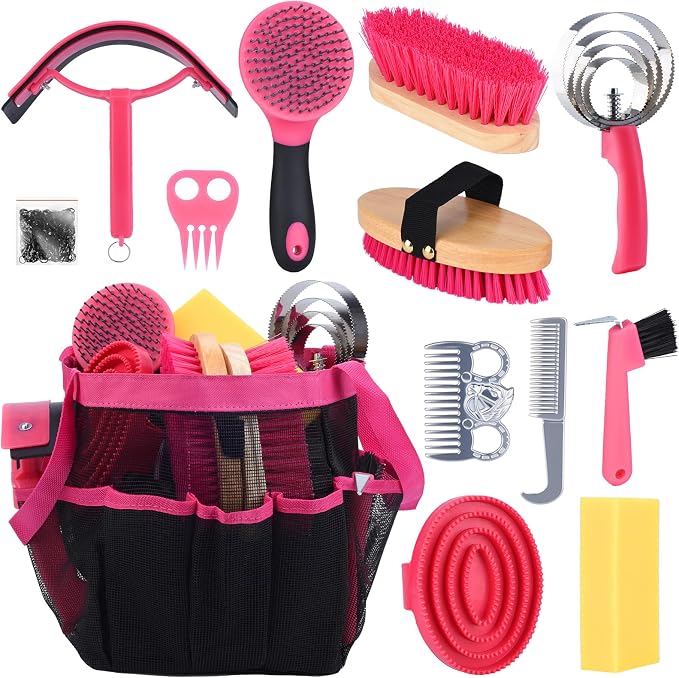 Horse Grooming Kit 13 Piece, Horse Brushes for Grooming Supplies with Tote Bag, Horses Tack Brush Set for Effective Grooming and Cleaning, Gift for Horse Riders Beginners (Pink)