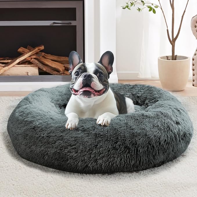 JOLLYVOGUE Calming Small Dog & Cat Bed for Indoor Cats - 20 inches Washable Donut Bed for Kittens & Puppies, Anti-Anxiety Round Fluffy Plush Pet Beds (Fits up to 15 lbs, Navy Grey)