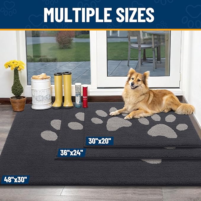 Smiry Dog Door Mat for Muddy Paws, Absorbs Moisture and Dirt, Low-Profile Entryway Mat with Non-Slip Backing, Entry Indoor Outdoor Doormat for Inside Floor (47x20 Inches, Dark Grey, Paw)