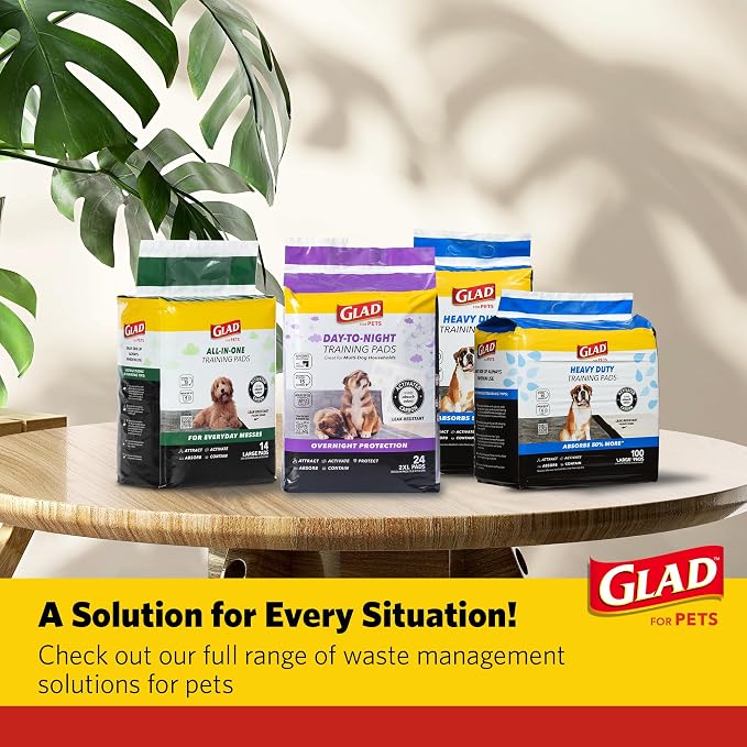 Glad for Pets Giant Activated Carbon Training Pads, 30 x 36 In, 24 Ct, 6-Pk | Adhesive backing and wall protection for leak-proof, super-absorbent day-to-night coverage